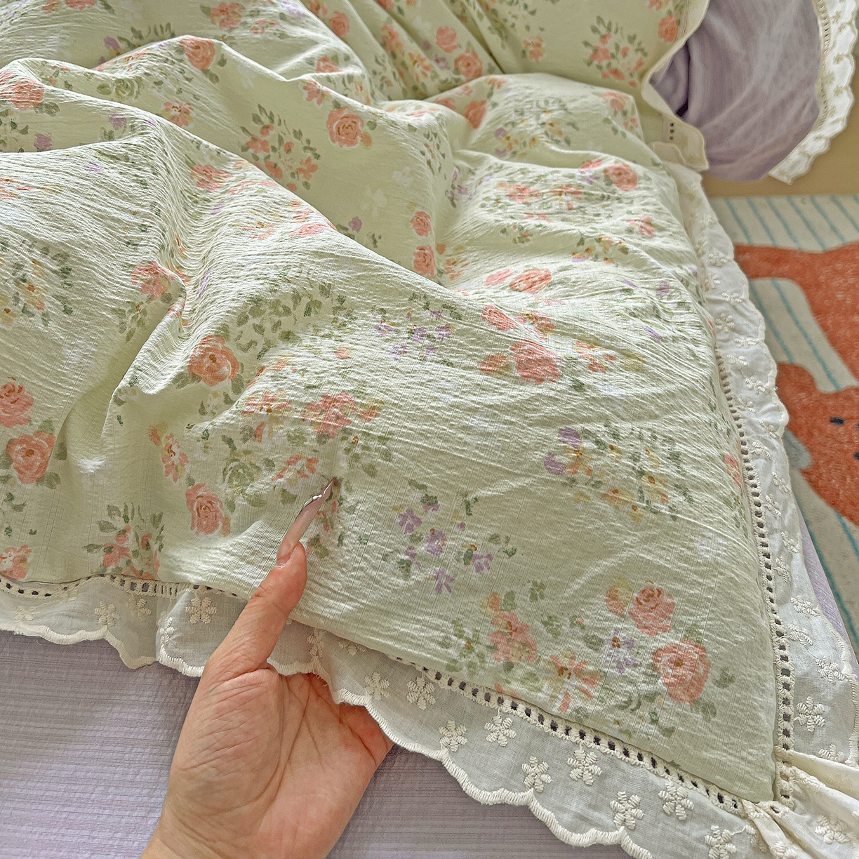 91家纺网 家纺一手货源 找家纺 一比一 2026新款云感皱皱双层纱四件套-全棉花边款【控价99元销售】半夏绿