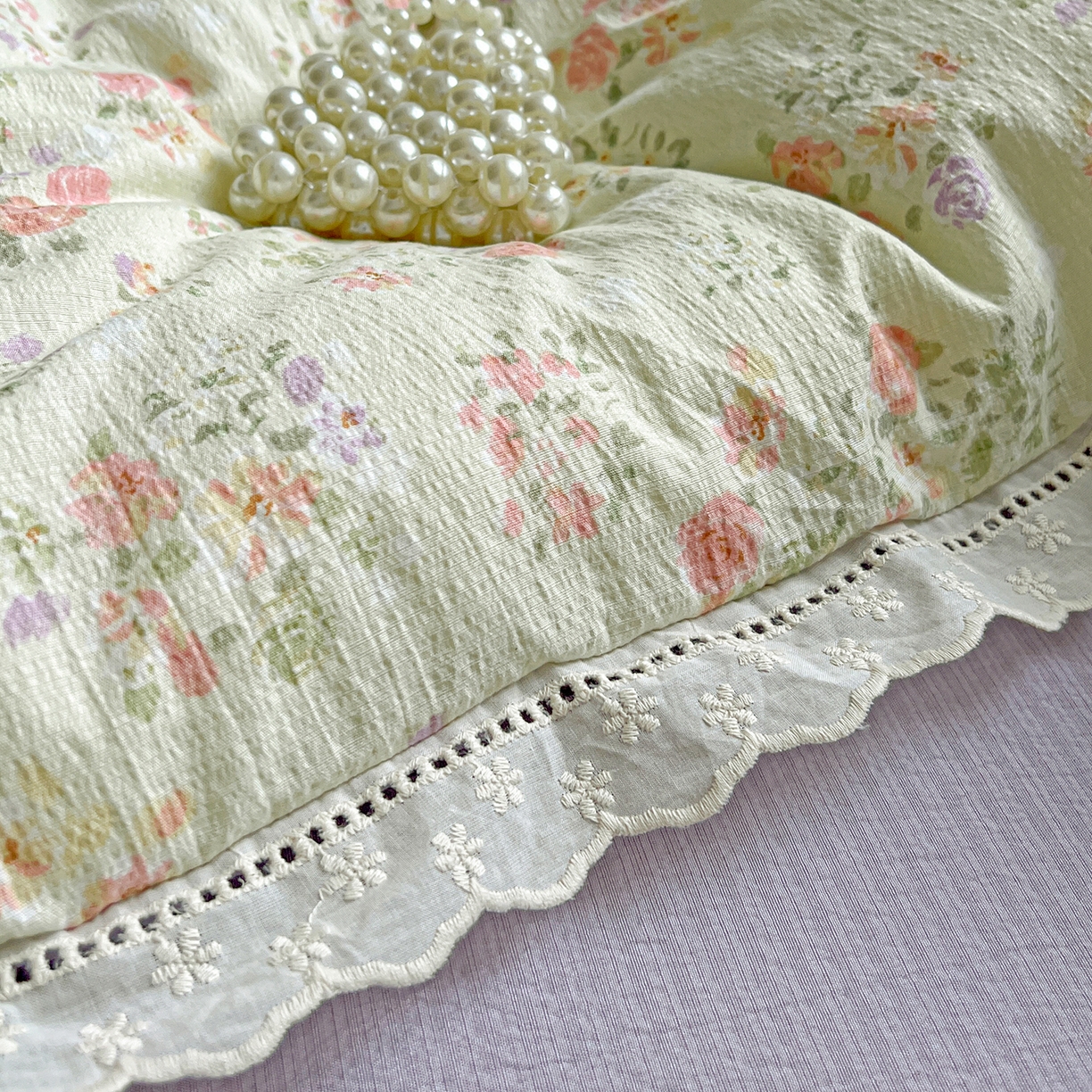 91家纺网 家纺一手货源 找家纺 一比一 2026新款云感皱皱双层纱四件套-全棉花边款【控价99元销售】半夏绿