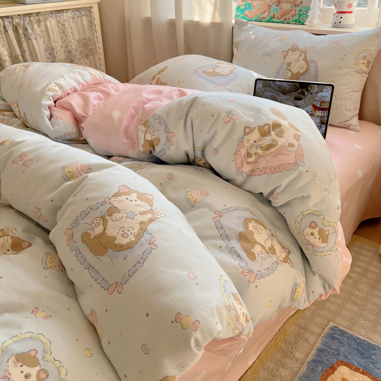 六巷胡同 2026春夏新款INS卡通基础款全棉纯棉四件套-系列一 蛋糕猫咪酱