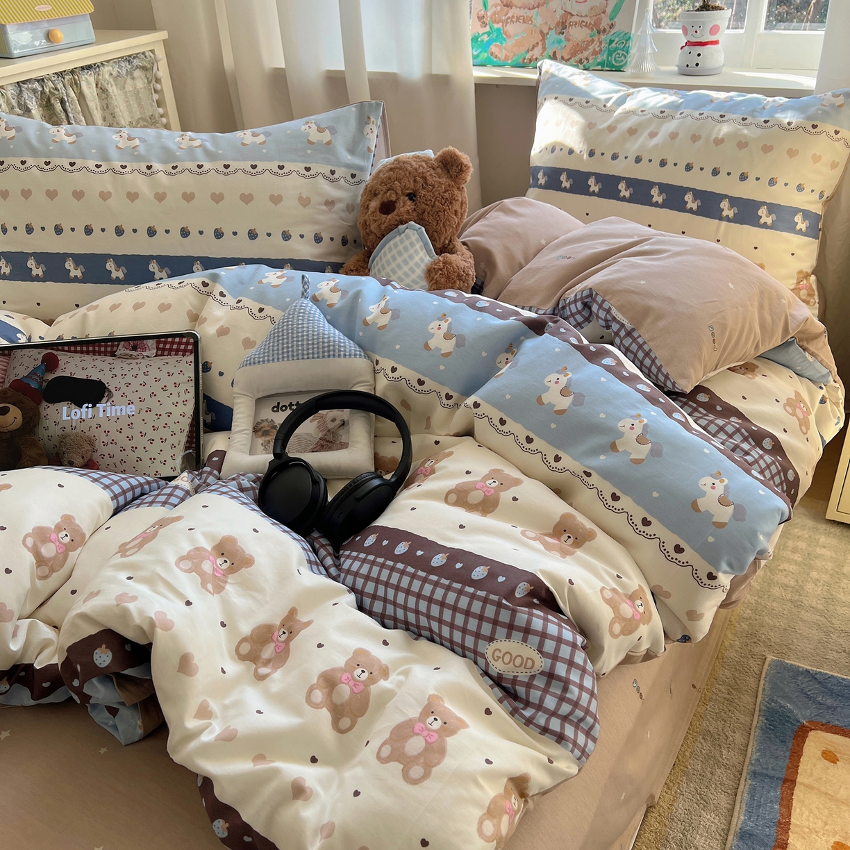 六巷胡同 2026春夏新款INS卡通基础款全棉纯棉四件套-系列一 费尔岛熊熊