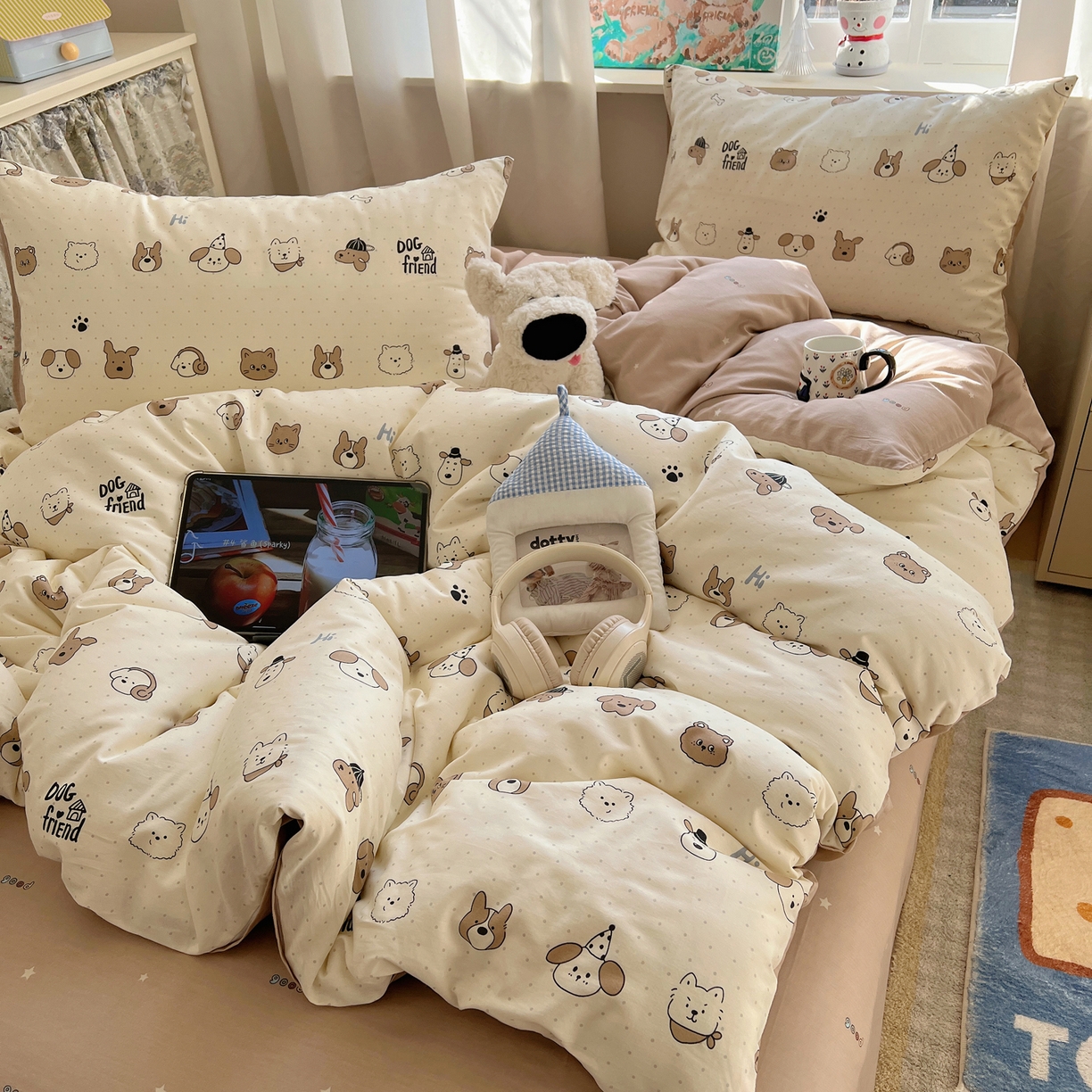 六巷胡同 2026春夏新款INS卡通基础款全棉纯棉四件套-系列一 嗨皮波点犬