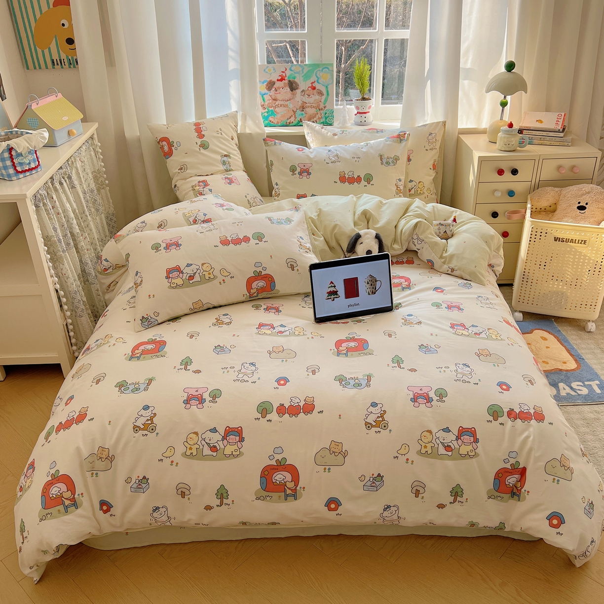 91家纺网 家纺一手货源 找家纺 六巷胡同 2026春夏新款INS卡通基础款全棉纯棉四件套-系列一 假日公园记