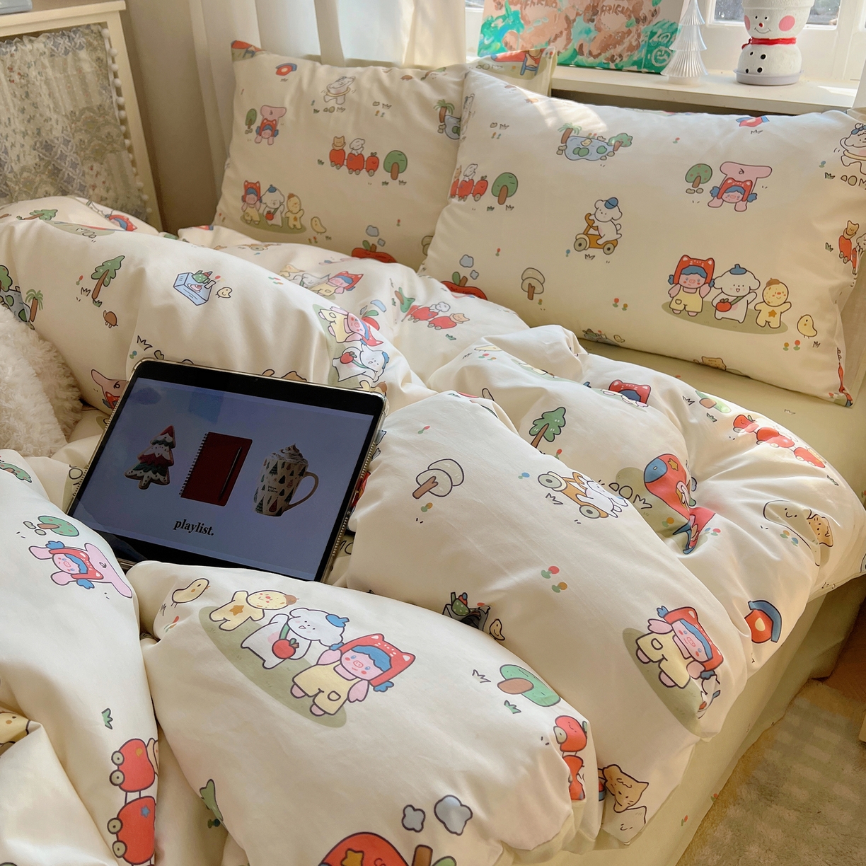 91家纺网 家纺一手货源 找家纺 六巷胡同 2026春夏新款INS卡通基础款全棉纯棉四件套-系列一 假日公园记