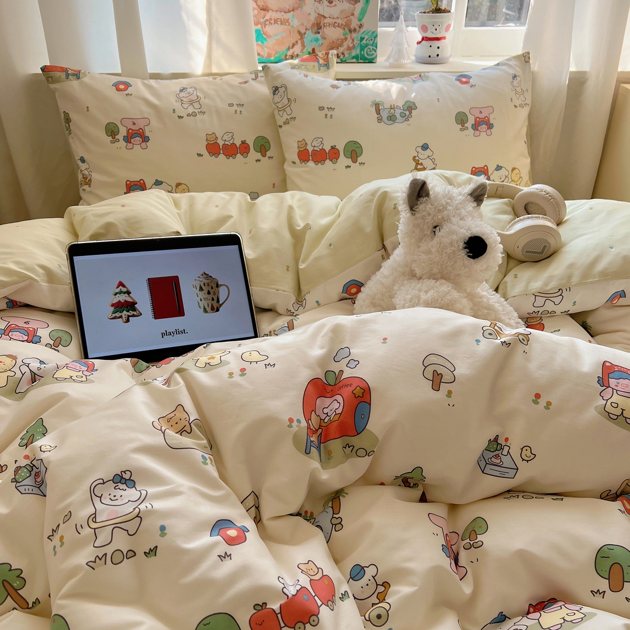 91家纺网 家纺一手货源 找家纺 六巷胡同 2026春夏新款INS卡通基础款全棉纯棉四件套-系列一 假日公园记