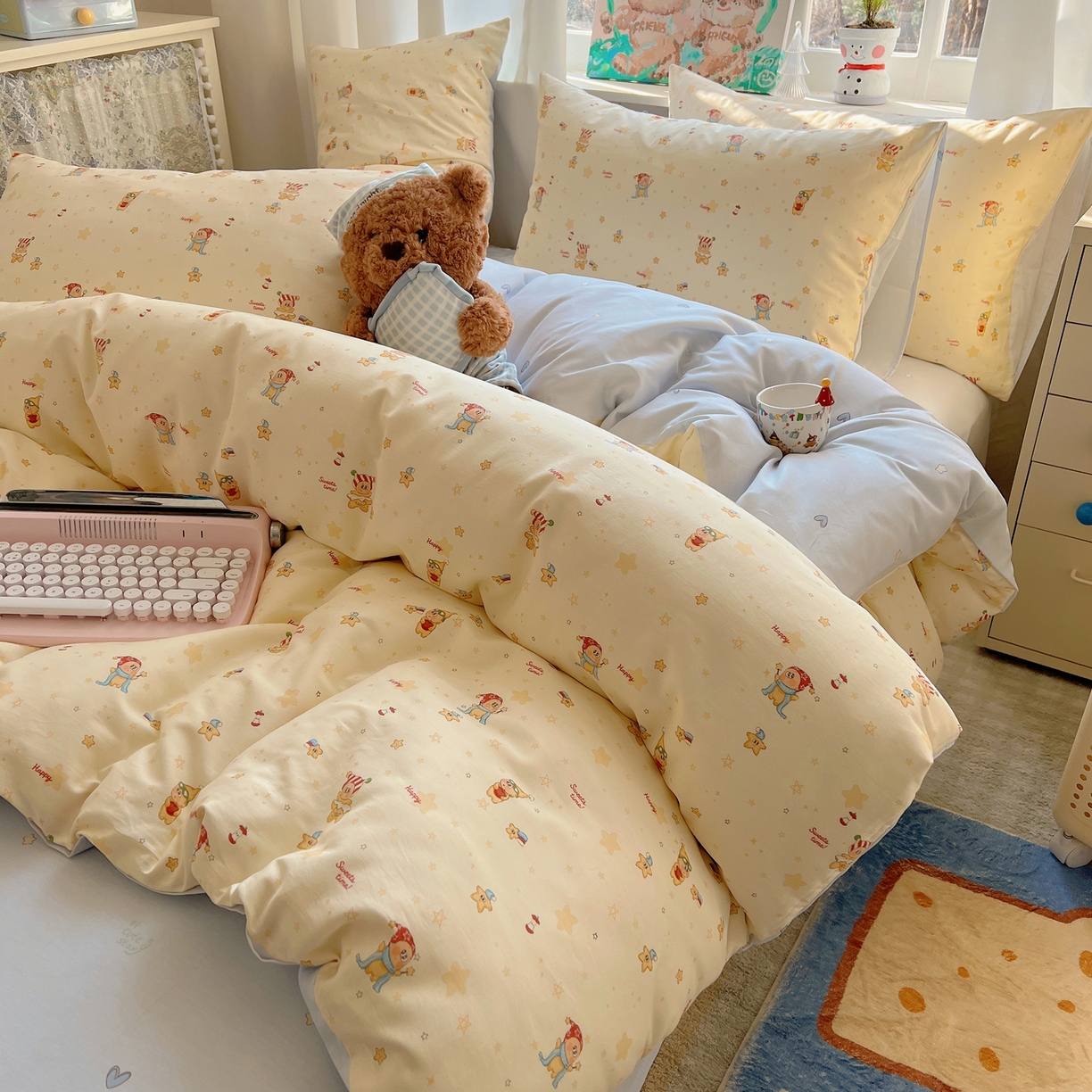 91家纺网 家纺一手货源 找家纺 六巷胡同 2026春夏新款INS卡通基础款全棉纯棉四件套-系列一 魔法星星仔