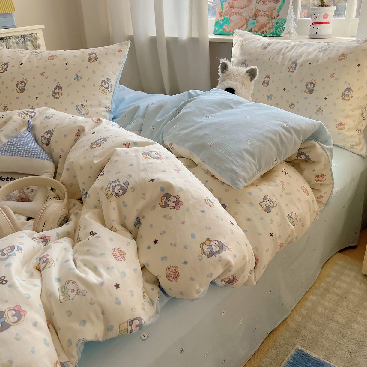 六巷胡同 2026春夏新款INS卡通基础款全棉纯棉四件套-系列一 企鹅欢乐趴