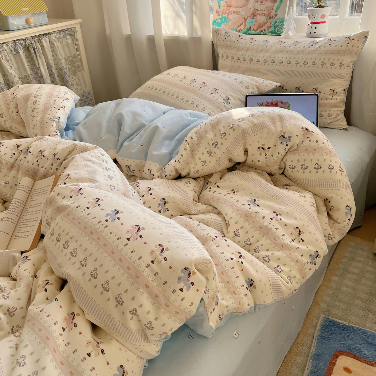 六巷胡同 2026春夏新款INS卡通基础款全棉纯棉四件套-系列一 旋转木马记