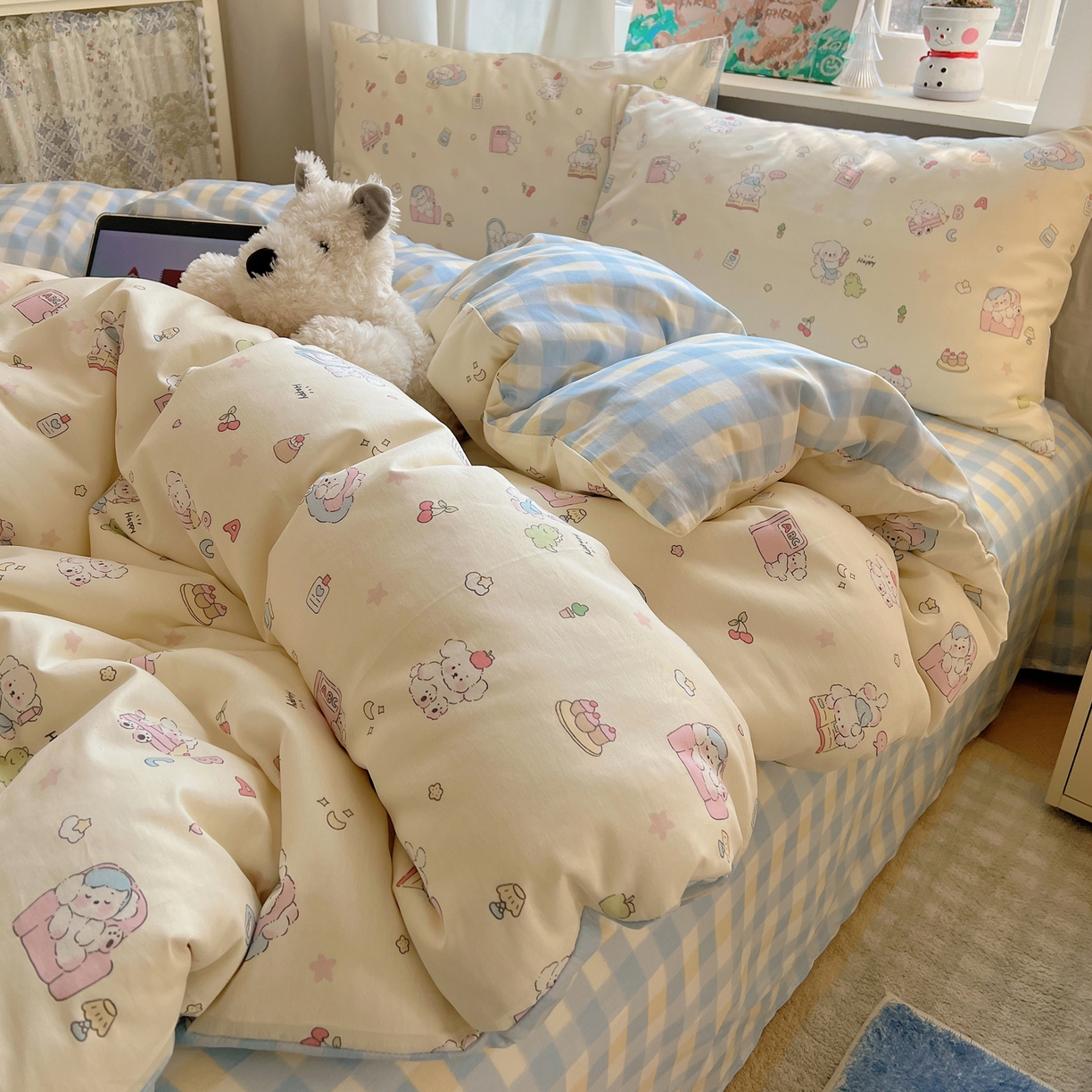 六巷胡同 2026春夏新款INS卡通基础款全棉纯棉四件套-系列一 元气修狗趴