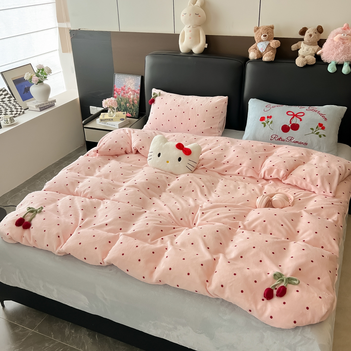91家纺网 家纺一手货源 找家纺 子钦家纺 2025秋冬新款小红书同款加厚牛奶绒樱桃蝴蝶结款毛巾绣床单床笠四件套-樱桃公主 樱桃公主-粉波点