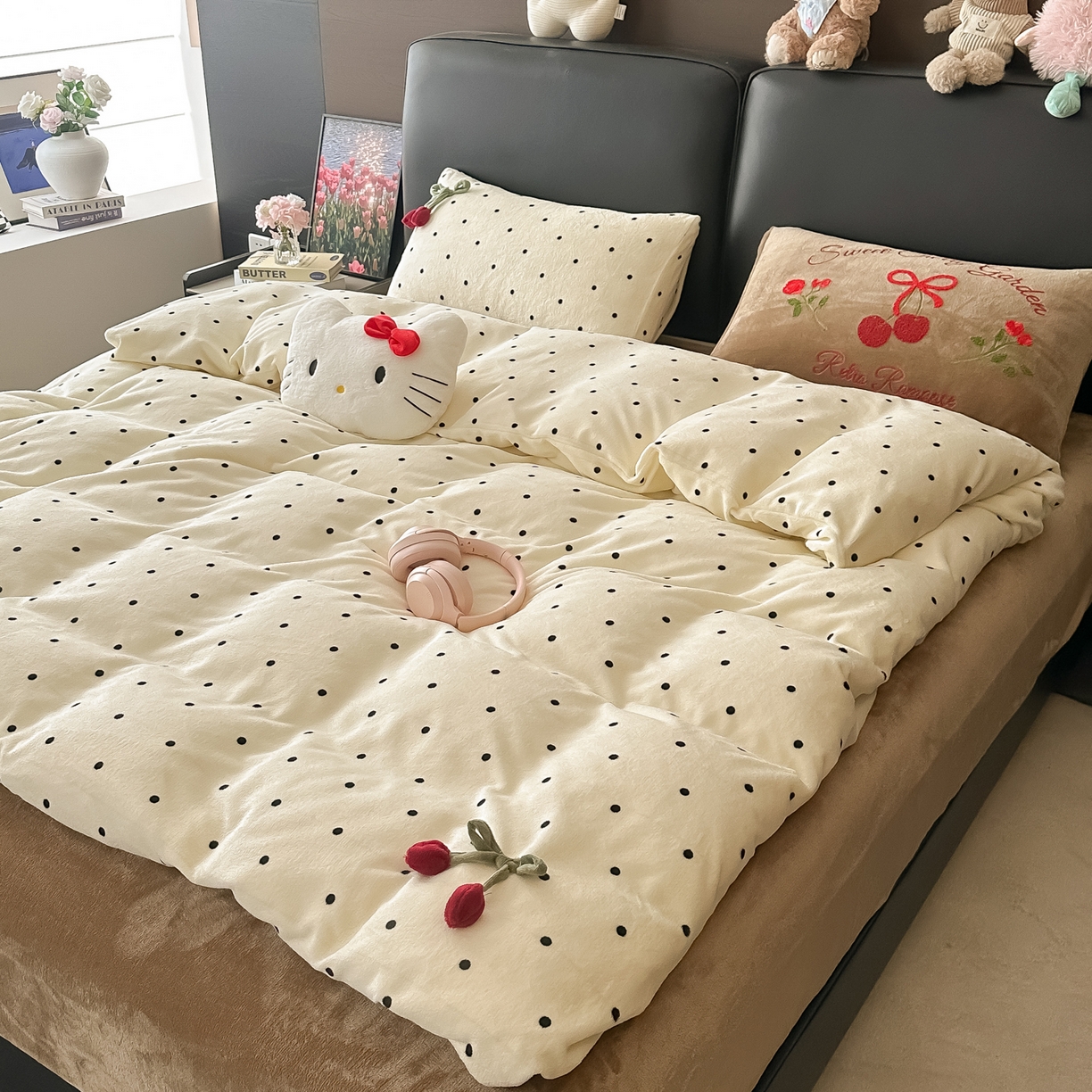 91家纺网 家纺一手货源 找家纺 子钦家纺 2025秋冬新款小红书同款加厚牛奶绒樱桃蝴蝶结款毛巾绣床单床笠四件套-樱桃公主 樱桃公主-奶波点