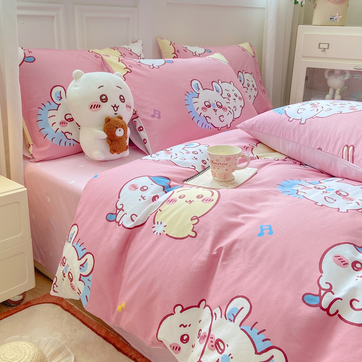 91家纺网 家纺一手货源 找家纺 博雅 2025新款吉伊卡哇正版授权全棉卡通印花四件套 粉色吉伊卡哇