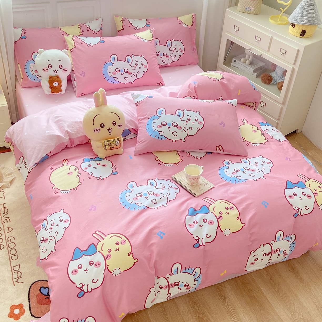 91家纺网 家纺一手货源 找家纺 博雅 2025新款吉伊卡哇正版授权全棉卡通印花四件套 粉色吉伊卡哇