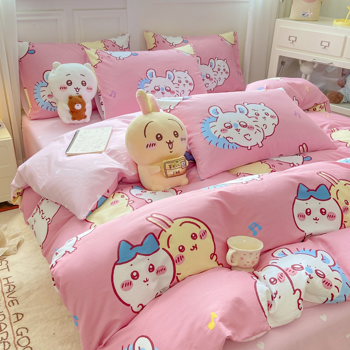 91家纺网 家纺一手货源 找家纺 博雅 2025新款吉伊卡哇正版授权全棉卡通印花四件套 粉色吉伊卡哇