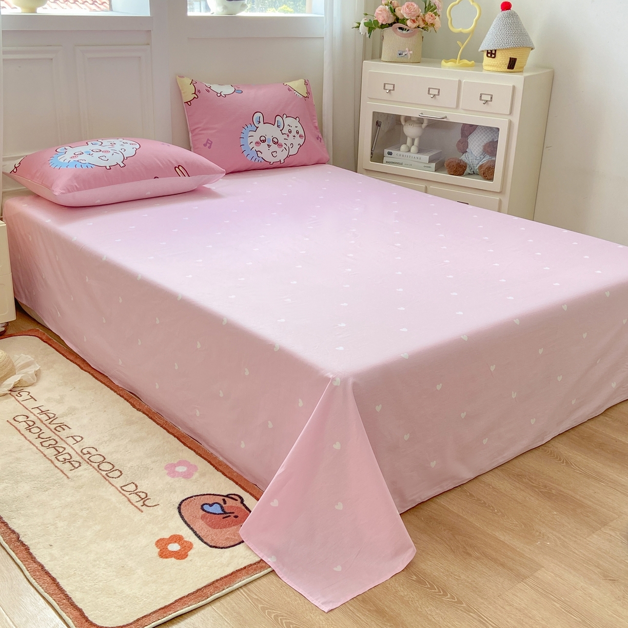 91家纺网 家纺一手货源 找家纺 博雅 2025新款吉伊卡哇正版授权全棉卡通印花四件套 粉色吉伊卡哇