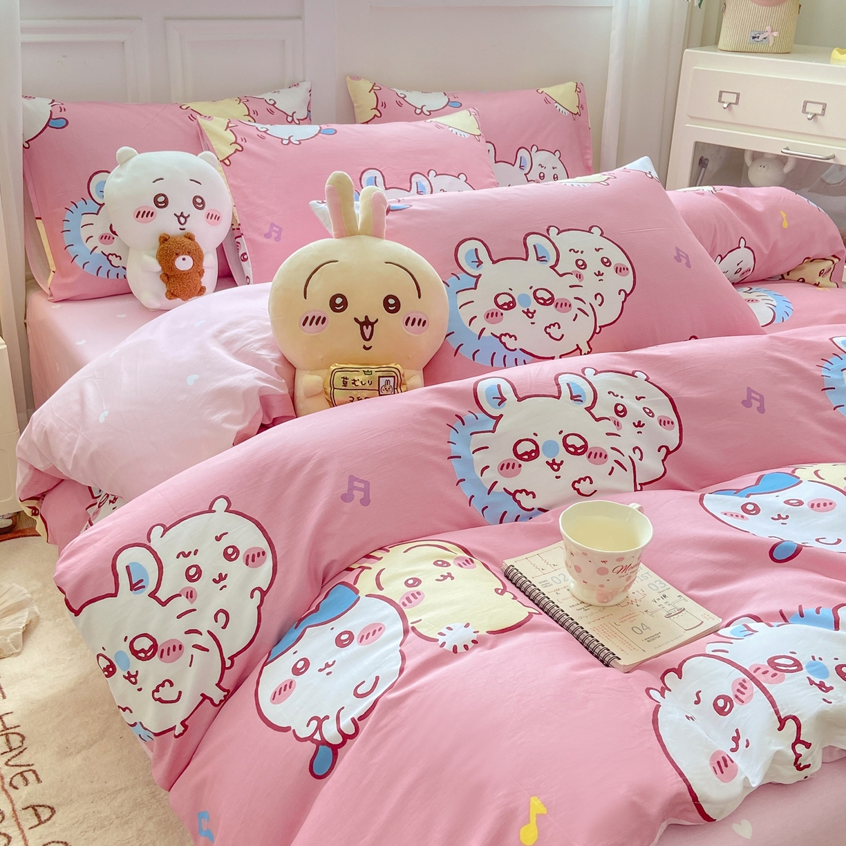 91家纺网 家纺一手货源 找家纺 博雅 2025新款吉伊卡哇正版授权全棉卡通印花四件套 粉色吉伊卡哇