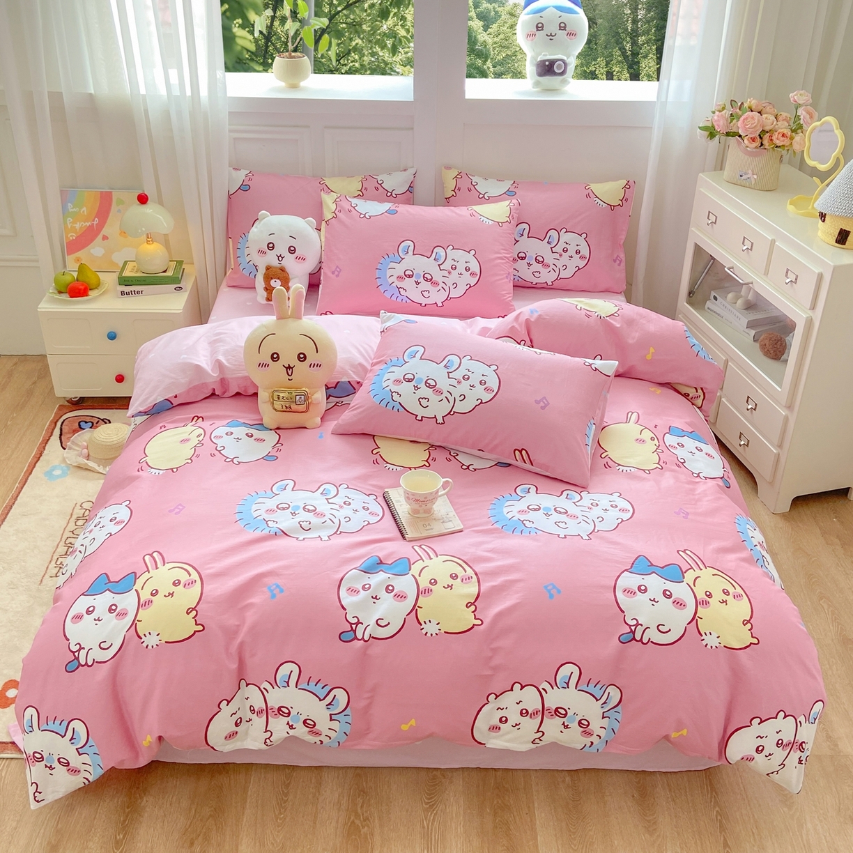 91家纺网 家纺一手货源 找家纺 博雅 2025新款吉伊卡哇正版授权全棉卡通印花四件套 粉色吉伊卡哇