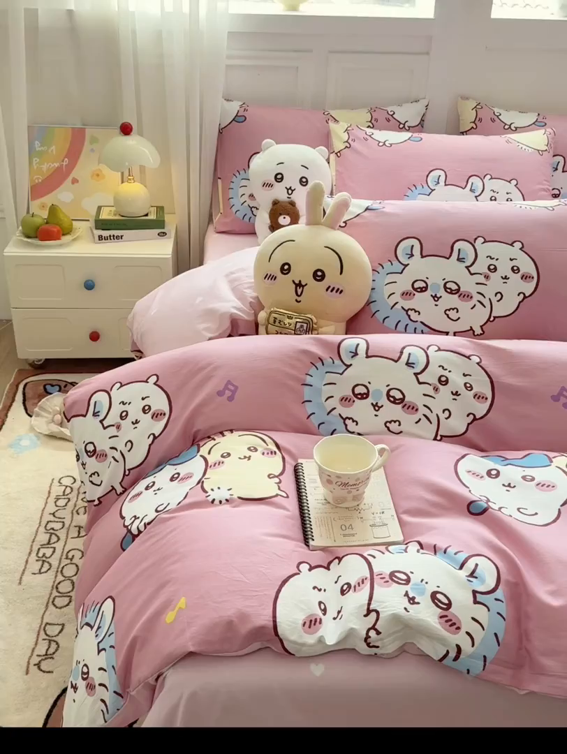 91家纺网 家纺一手货源 找家纺 博雅 2025新款吉伊卡哇正版授权全棉卡通印花四件套 粉色吉伊卡哇