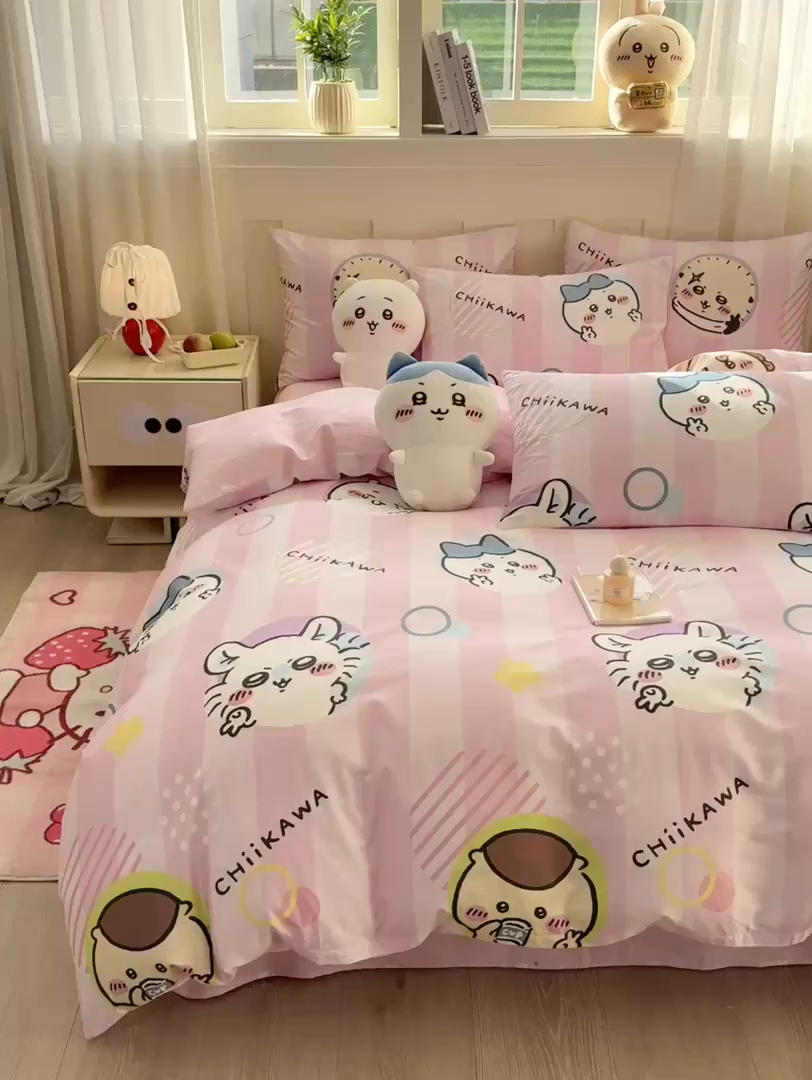 91家纺网 家纺一手货源 找家纺 博雅 2025新款吉伊卡哇正版授权全棉卡通印花四件套 家族吉伊卡哇