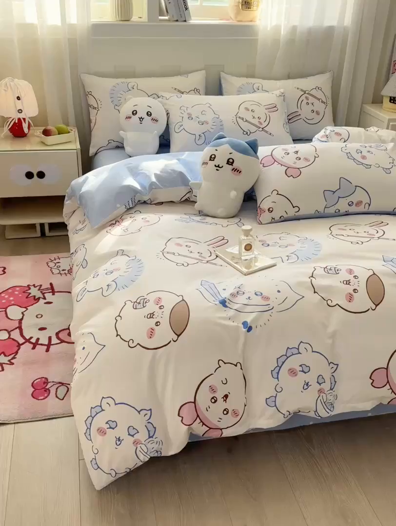 91家纺网 家纺一手货源 找家纺 博雅 2025新款吉伊卡哇正版授权全棉卡通印花四件套 白色吉伊卡哇