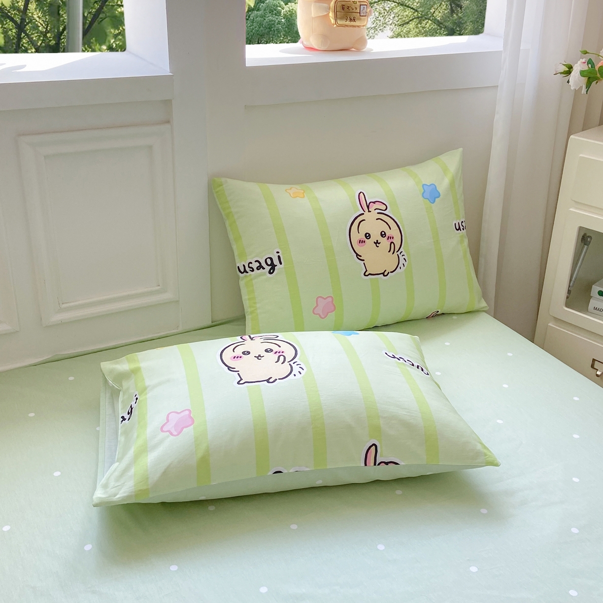 91家纺网 家纺一手货源 找家纺 博雅 2025新款吉伊卡哇正版授权全棉卡通印花四件套 绿条纹吉伊卡哇