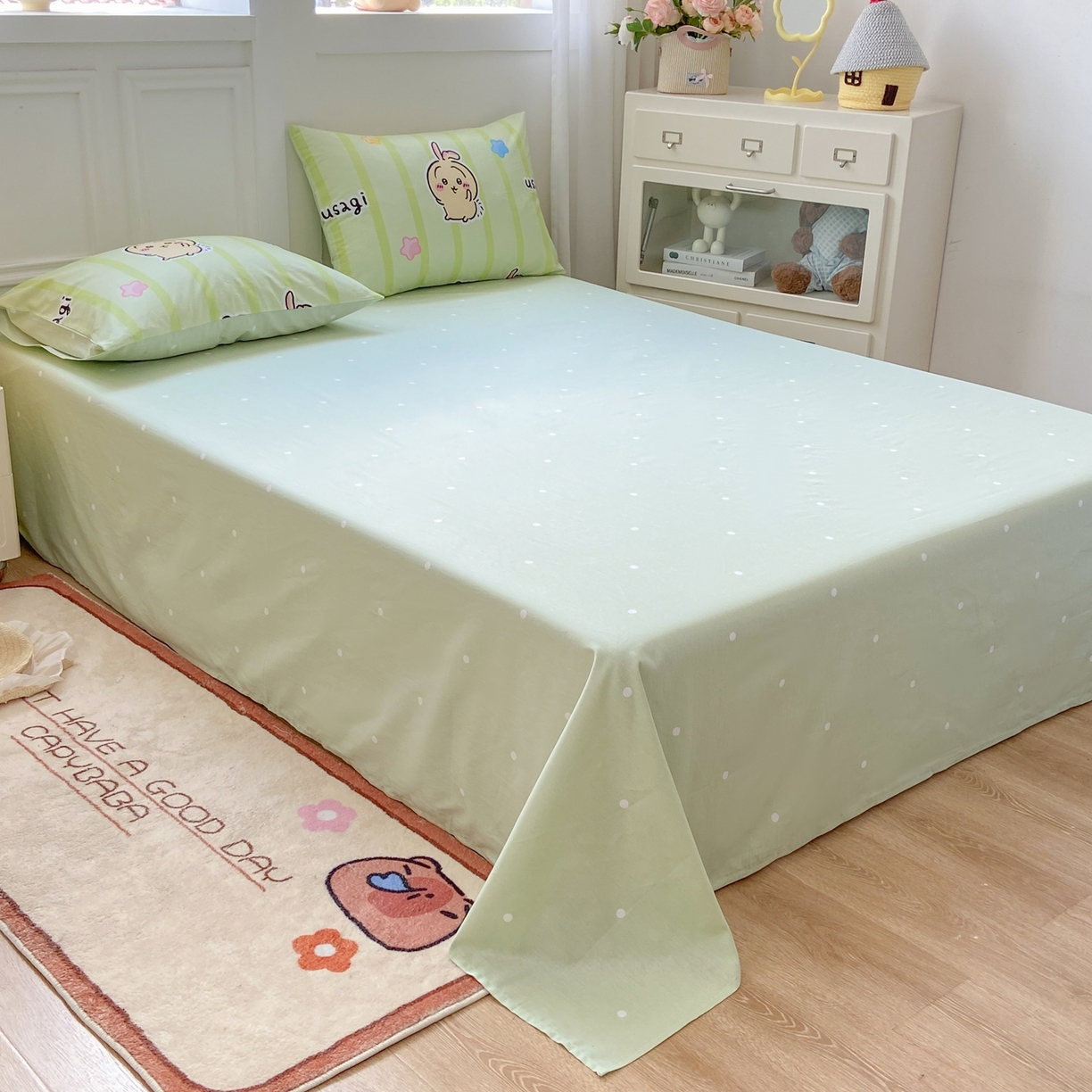 91家纺网 家纺一手货源 找家纺 博雅 2025新款吉伊卡哇正版授权全棉卡通印花四件套 绿条纹吉伊卡哇