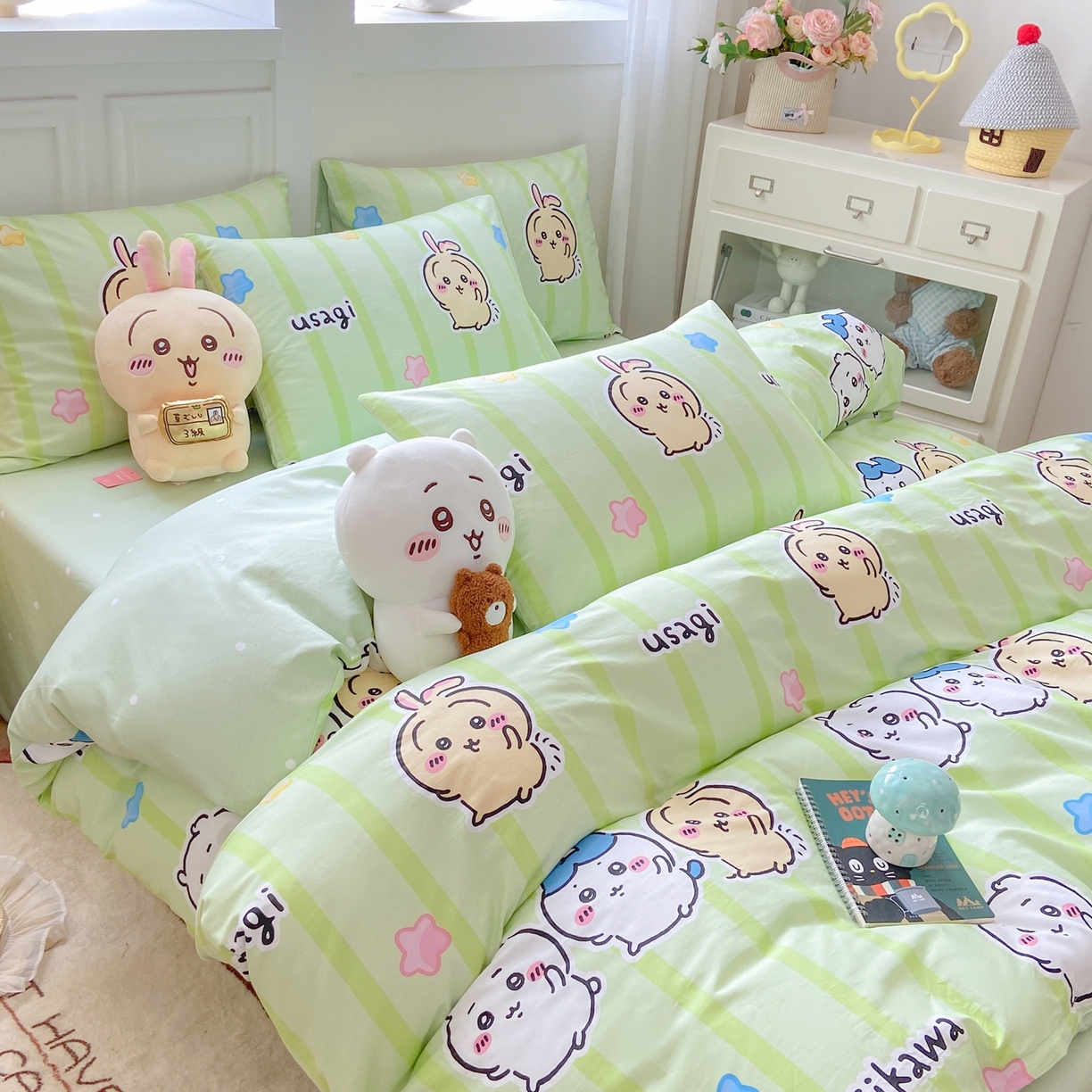 91家纺网 家纺一手货源 找家纺 博雅 2025新款吉伊卡哇正版授权全棉卡通印花四件套 绿条纹吉伊卡哇