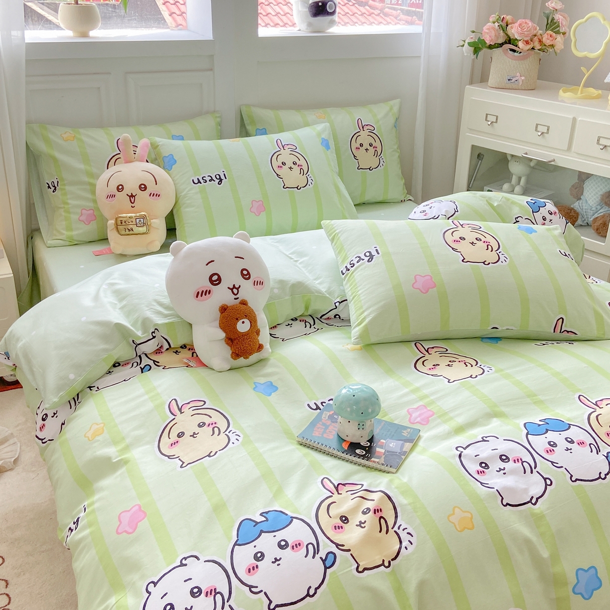 91家纺网 家纺一手货源 找家纺 博雅 2025新款吉伊卡哇正版授权全棉卡通印花四件套 绿条纹吉伊卡哇