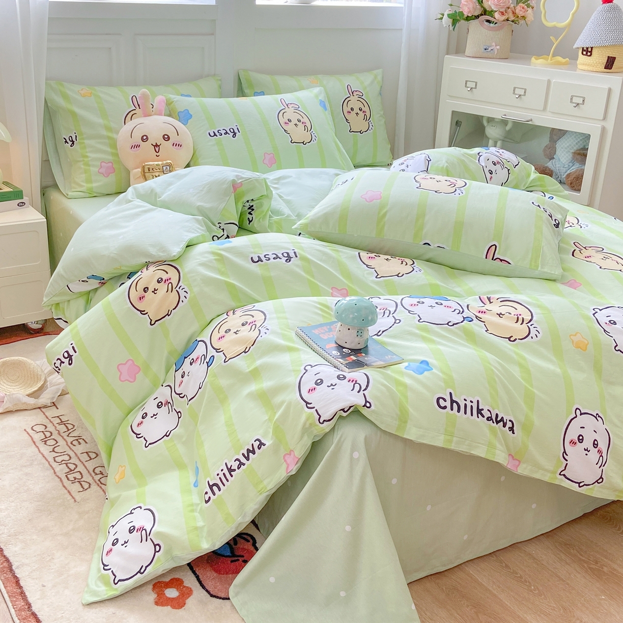 91家纺网 家纺一手货源 找家纺 博雅 2025新款吉伊卡哇正版授权全棉卡通印花四件套 绿条纹吉伊卡哇