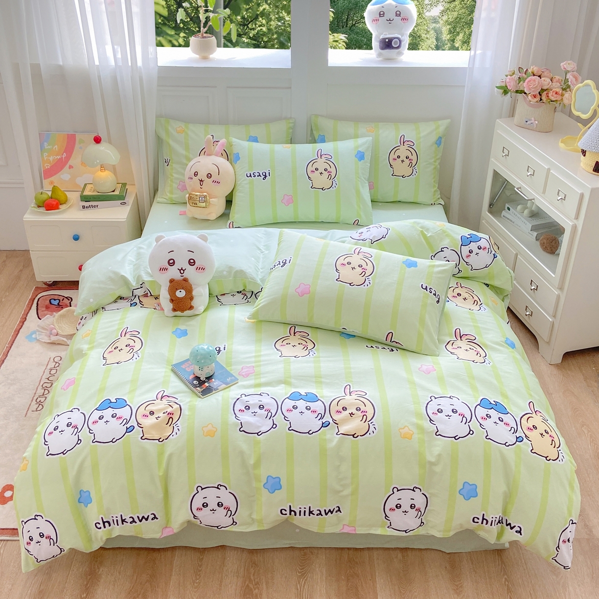 91家纺网 家纺一手货源 找家纺 博雅 2025新款吉伊卡哇正版授权全棉卡通印花四件套 绿条纹吉伊卡哇