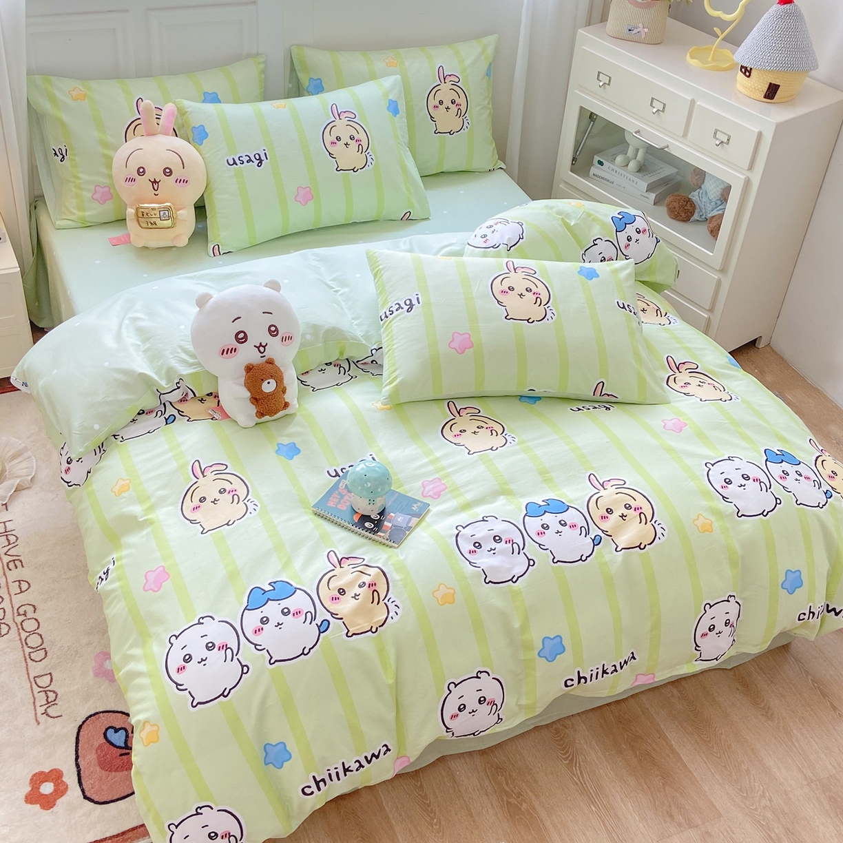 91家纺网 家纺一手货源 找家纺 博雅 2025新款吉伊卡哇正版授权全棉卡通印花四件套 绿条纹吉伊卡哇