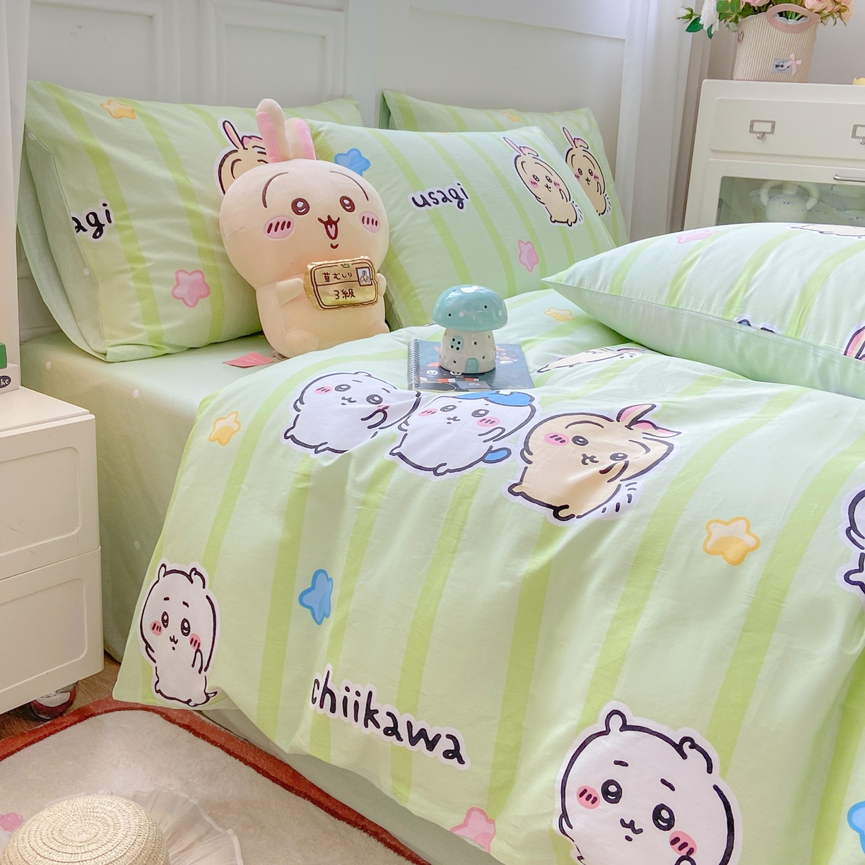 91家纺网 家纺一手货源 找家纺 博雅 2025新款吉伊卡哇正版授权全棉卡通印花四件套 绿条纹吉伊卡哇