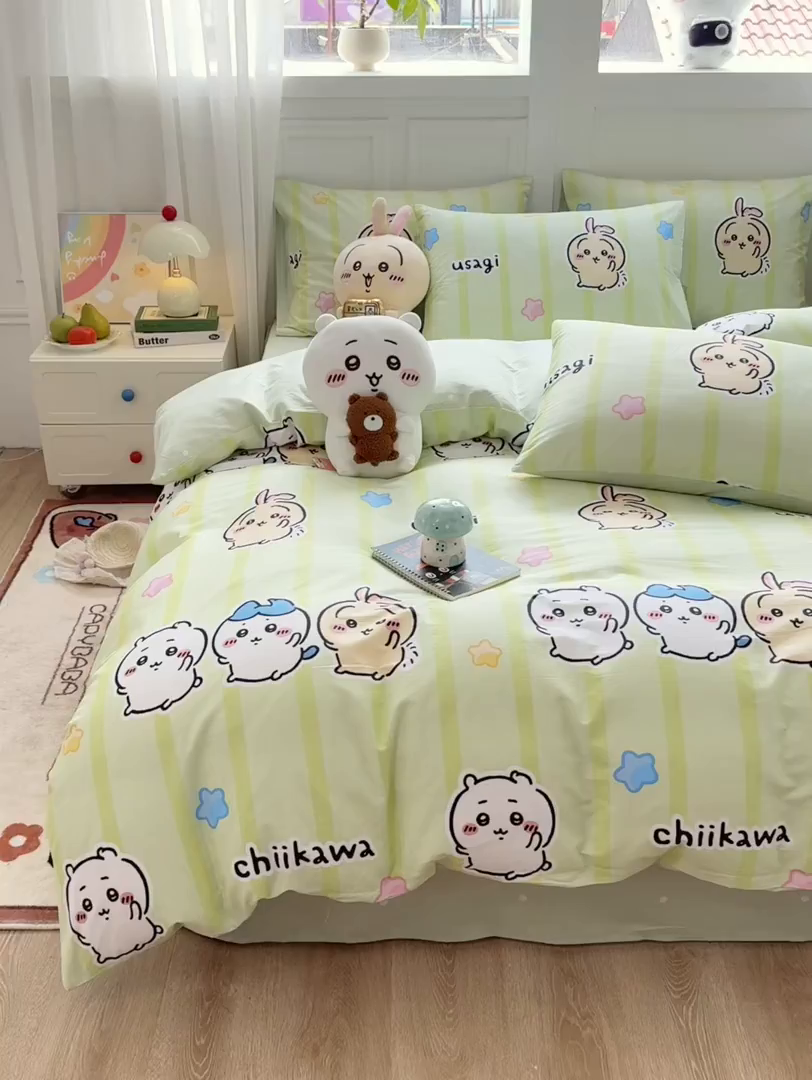 91家纺网 家纺一手货源 找家纺 博雅 2025新款吉伊卡哇正版授权全棉卡通印花四件套 绿条纹吉伊卡哇