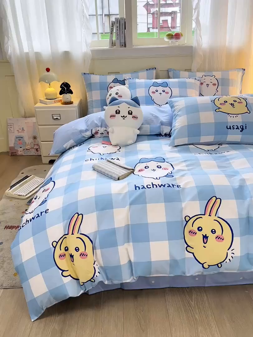 91家纺网 家纺一手货源 找家纺 博雅 2025新款吉伊卡哇正版授权全棉卡通印花四件套 蓝格吉伊卡哇