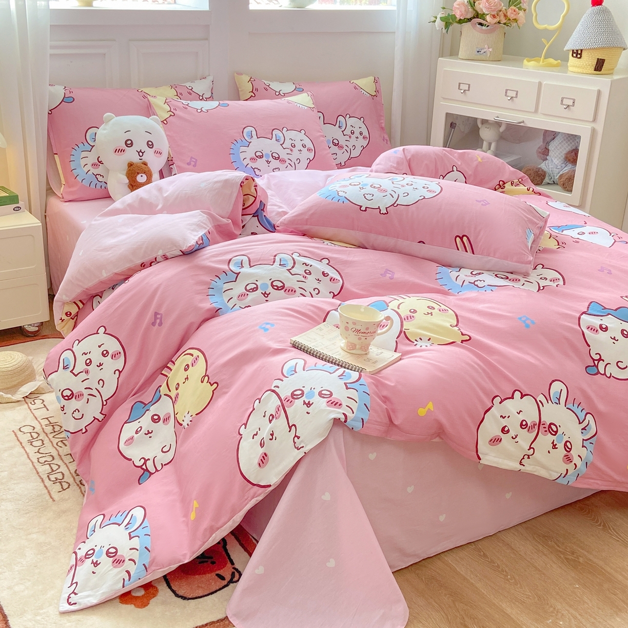 91家纺网 家纺一手货源 找家纺 博雅 2025新款吉伊卡哇正版授权全棉卡通印花四件套 粉色吉伊卡哇