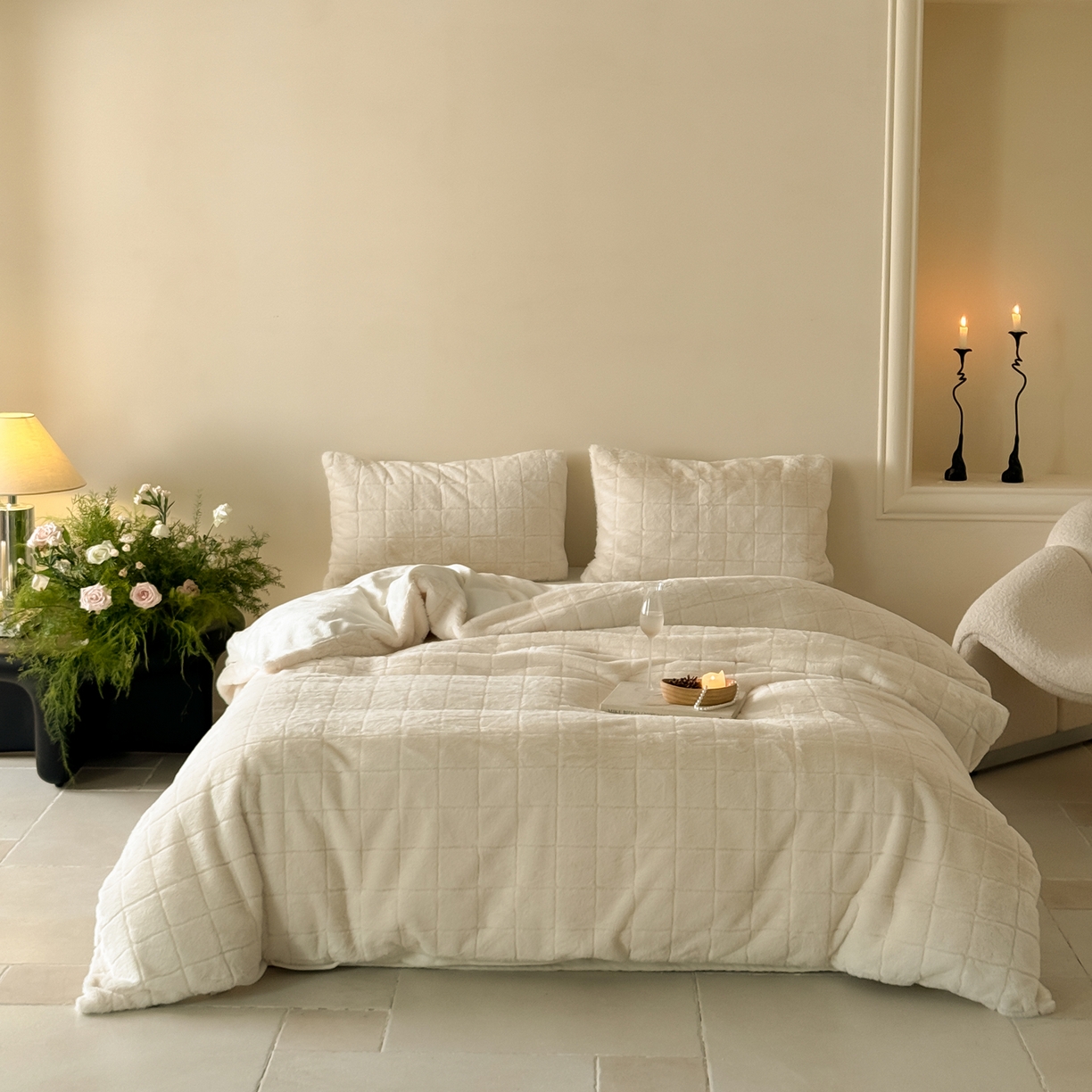 91家纺网 家纺一手货源 找家纺 （总）ONE TWO ONE 121 2025秋冬新款纯色双拼兔毛绒牛奶绒床上用品被套床单枕套四件套被子床垫褥子被芯毛毯-晚意方糖【提供买家秀 会员-10 】