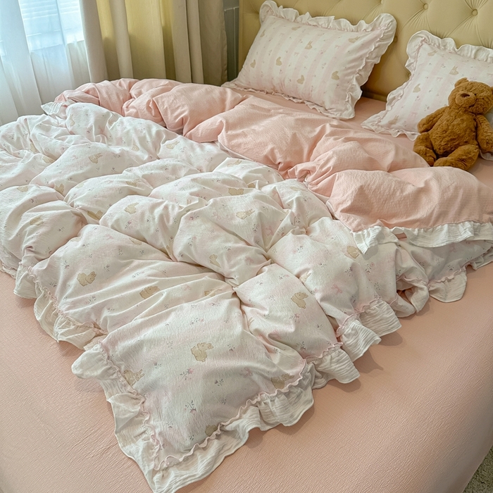 繁花家居 2025新款高弹线云感木棉多层纱花边超软四件套-风格二 小花兔兔