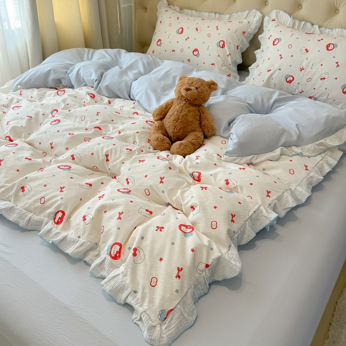 繁花家居 2025新款高弹线云感木棉多层纱花边超软四件套-风格二 小猫苹果