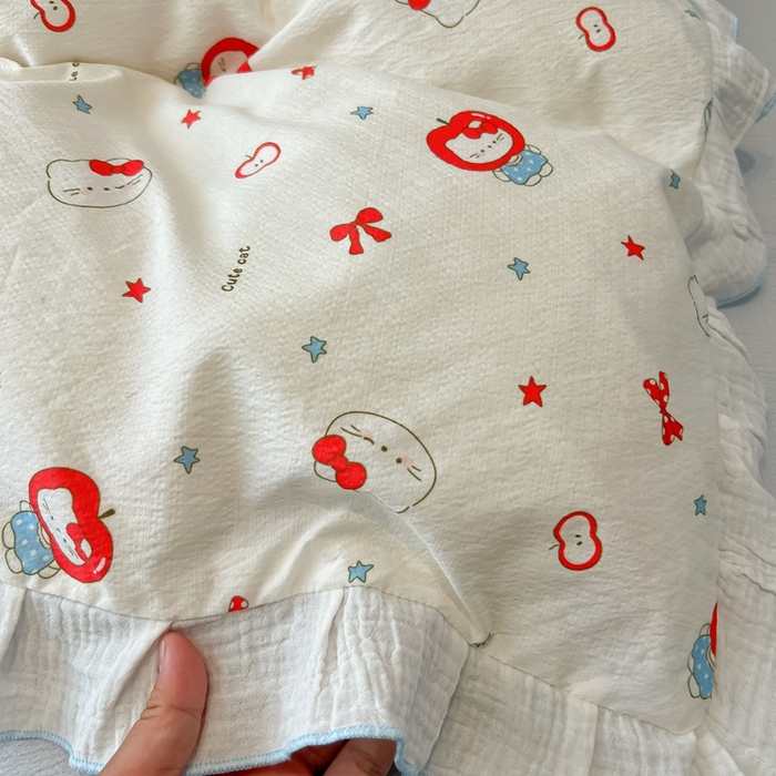 91家纺网 家纺一手货源 找家纺 繁花家居 2025新款高弹线云感木棉多层纱花边超软四件套-风格二 小猫苹果