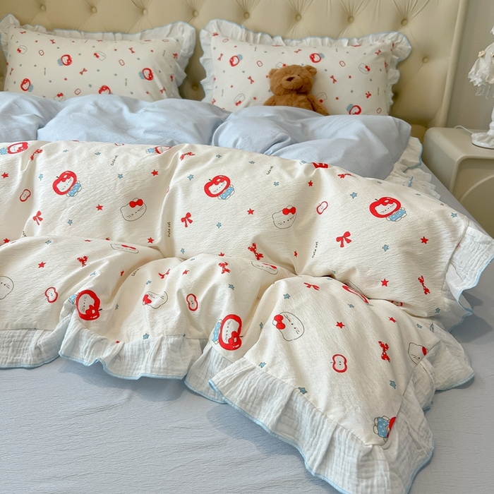 91家纺网 家纺一手货源 找家纺 繁花家居 2025新款高弹线云感木棉多层纱花边超软四件套-风格二 小猫苹果