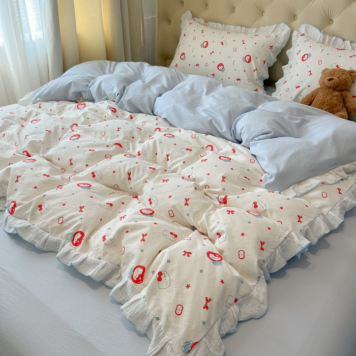 91家纺网 家纺一手货源 找家纺 繁花家居 2025新款高弹线云感木棉多层纱花边超软四件套-风格二 小猫苹果