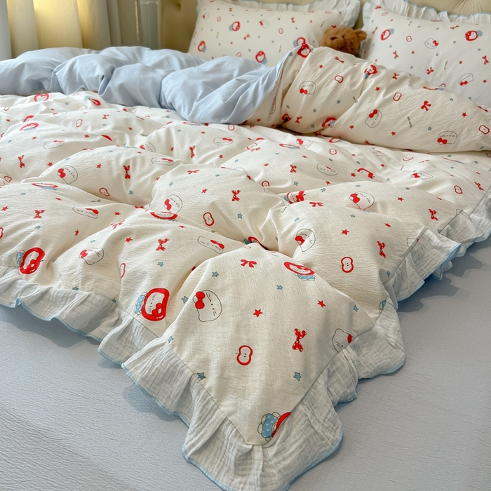 91家纺网 家纺一手货源 找家纺 繁花家居 2025新款高弹线云感木棉多层纱花边超软四件套-风格二 小猫苹果