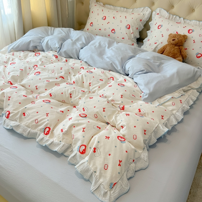 91家纺网 家纺一手货源 找家纺 繁花家居 2025新款高弹线云感木棉多层纱花边超软四件套-风格二 小猫苹果