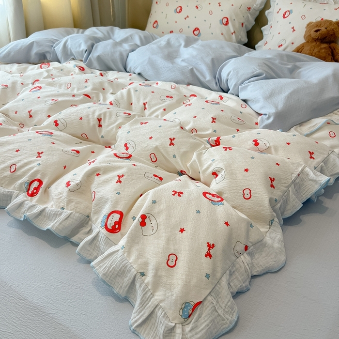 91家纺网 家纺一手货源 找家纺 繁花家居 2025新款高弹线云感木棉多层纱花边超软四件套-风格二 小猫苹果