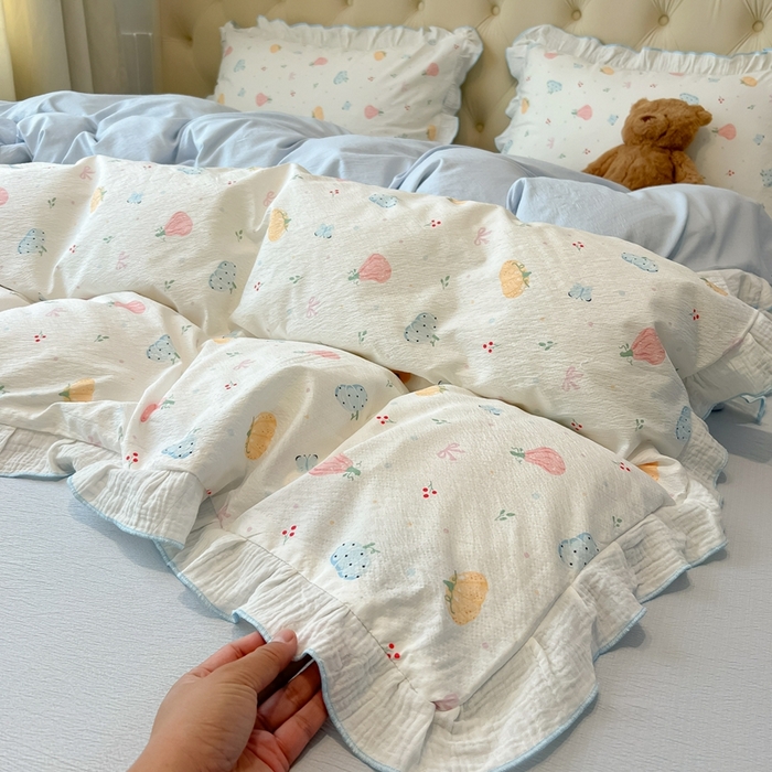 91家纺网 家纺一手货源 找家纺 繁花家居 2025新款高弹线云感木棉多层纱花边超软四件套-风格二 彩色南瓜