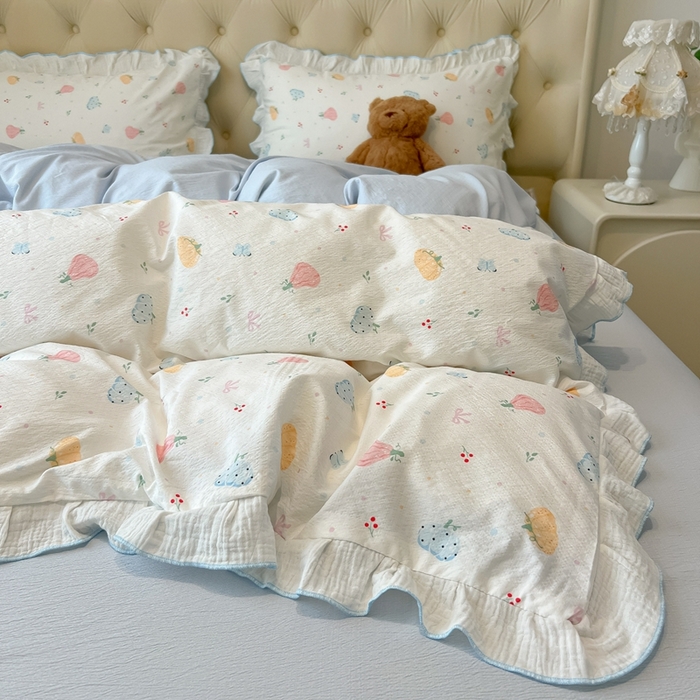 91家纺网 家纺一手货源 找家纺 繁花家居 2025新款高弹线云感木棉多层纱花边超软四件套-风格二 彩色南瓜