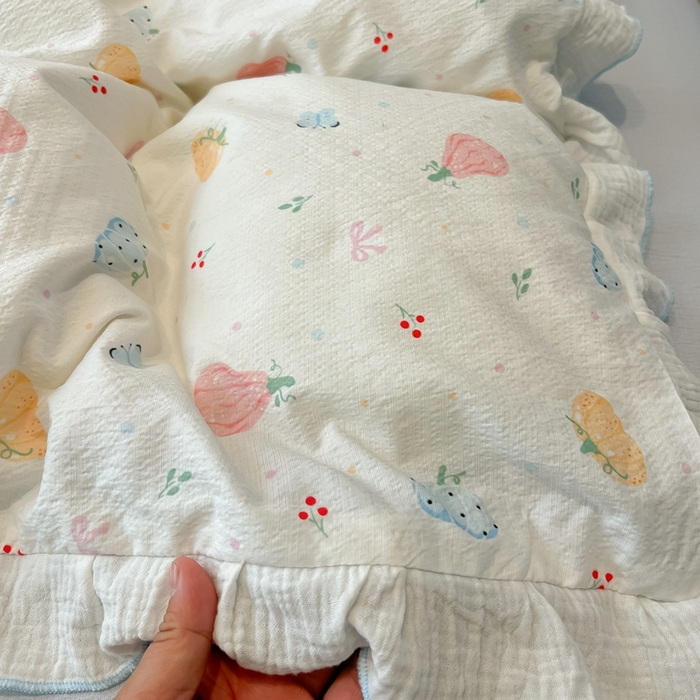 91家纺网 家纺一手货源 找家纺 繁花家居 2025新款高弹线云感木棉多层纱花边超软四件套-风格二 彩色南瓜