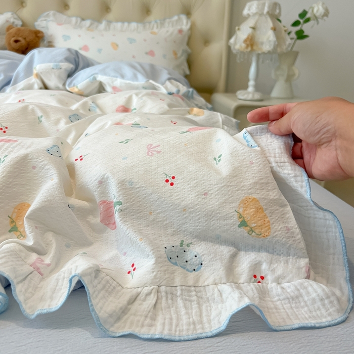 91家纺网 家纺一手货源 找家纺 繁花家居 2025新款高弹线云感木棉多层纱花边超软四件套-风格二 彩色南瓜