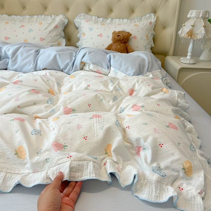 91家纺网 家纺一手货源 找家纺 繁花家居 2025新款高弹线云感木棉多层纱花边超软四件套-风格二 彩色南瓜