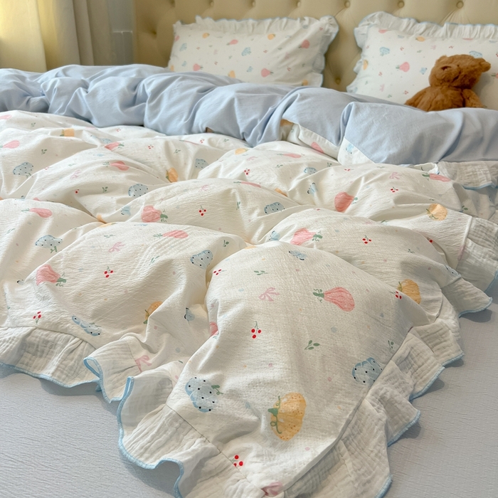 91家纺网 家纺一手货源 找家纺 繁花家居 2025新款高弹线云感木棉多层纱花边超软四件套-风格二 彩色南瓜