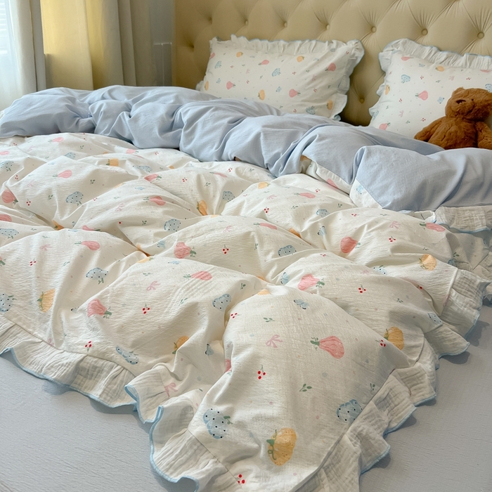 91家纺网 家纺一手货源 找家纺 繁花家居 2025新款高弹线云感木棉多层纱花边超软四件套-风格二 彩色南瓜